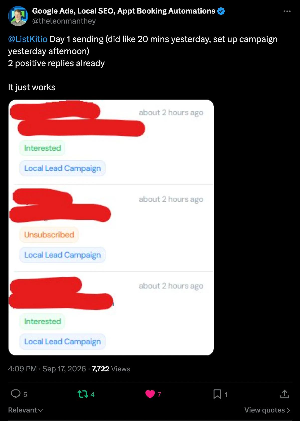 X screenshot from theleonmanthey: 2 positive replies on day 1