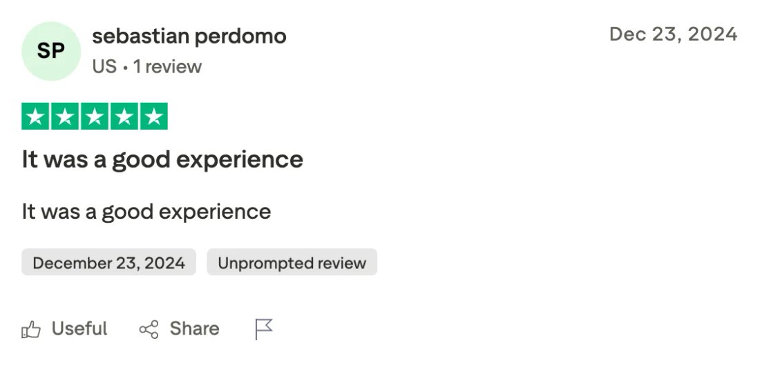 Trustpilot screenshot from sebastian perdomo: It was a good experience