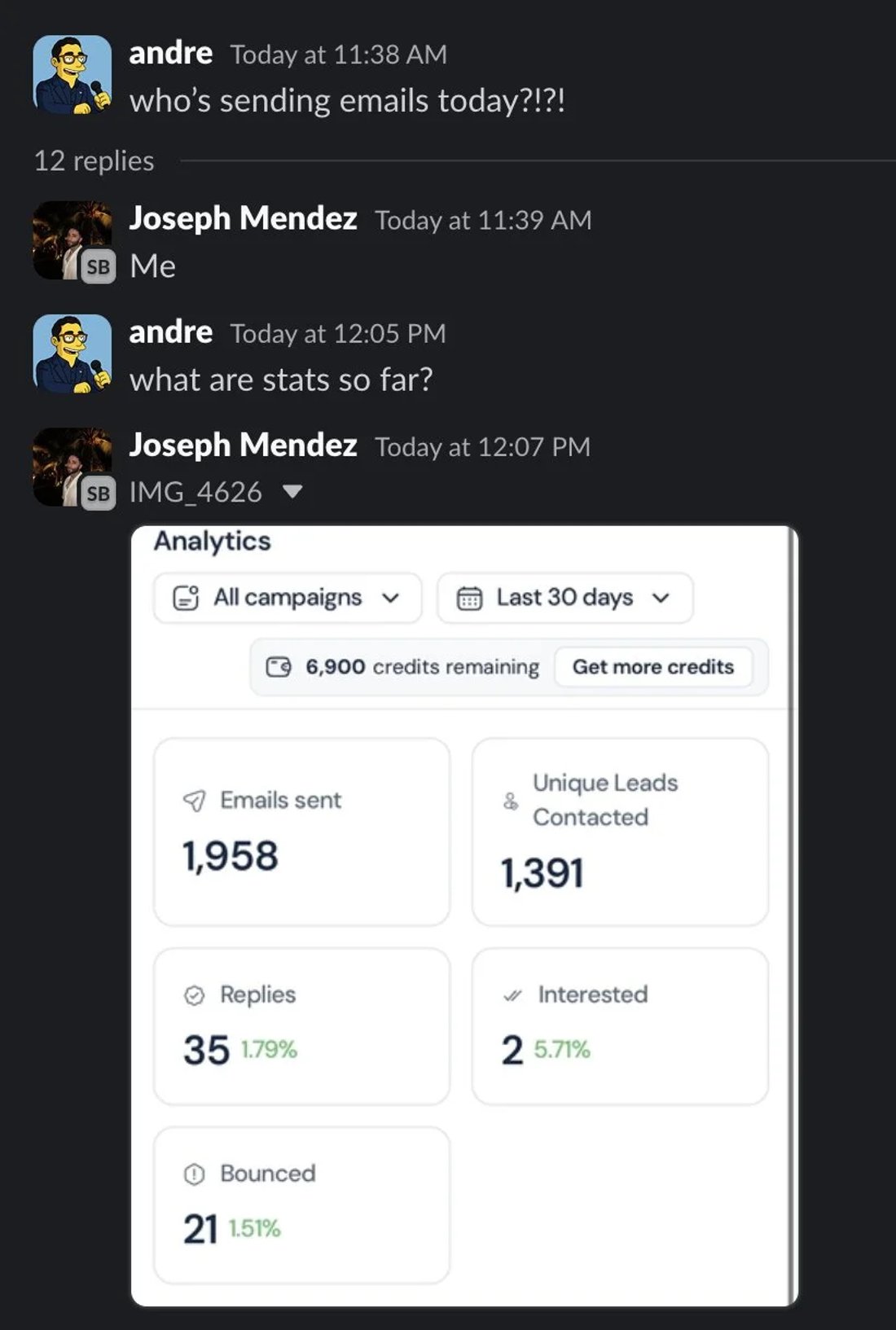 Slack screenshot from Joseph Mendez: 2 interested / 1,958