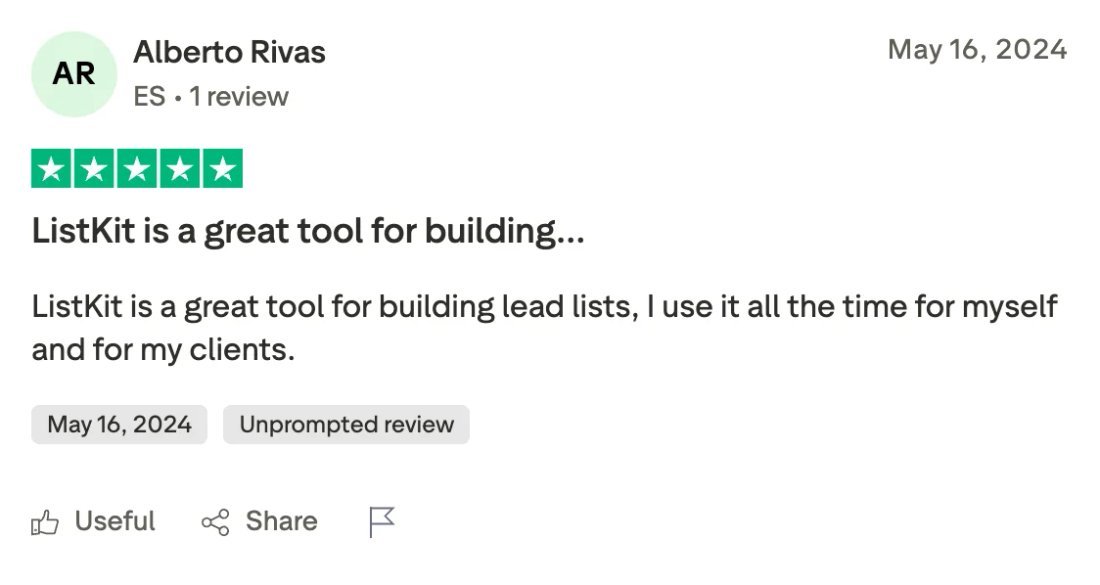 Trustpilot screenshot from Alberto Rivas: ListKit is a great tool for building…