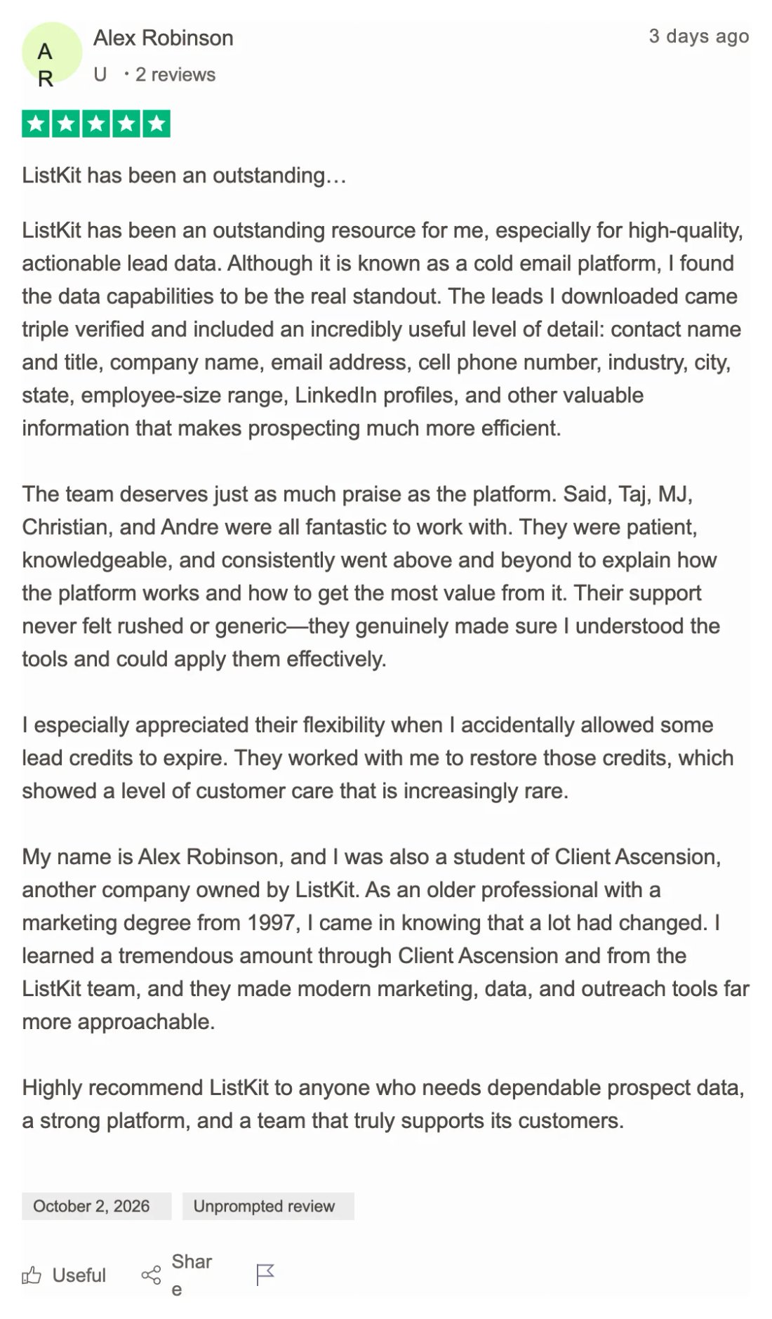 Trustpilot screenshot from Alex Robinson: 5-star Trustpilot review: lead data + team support