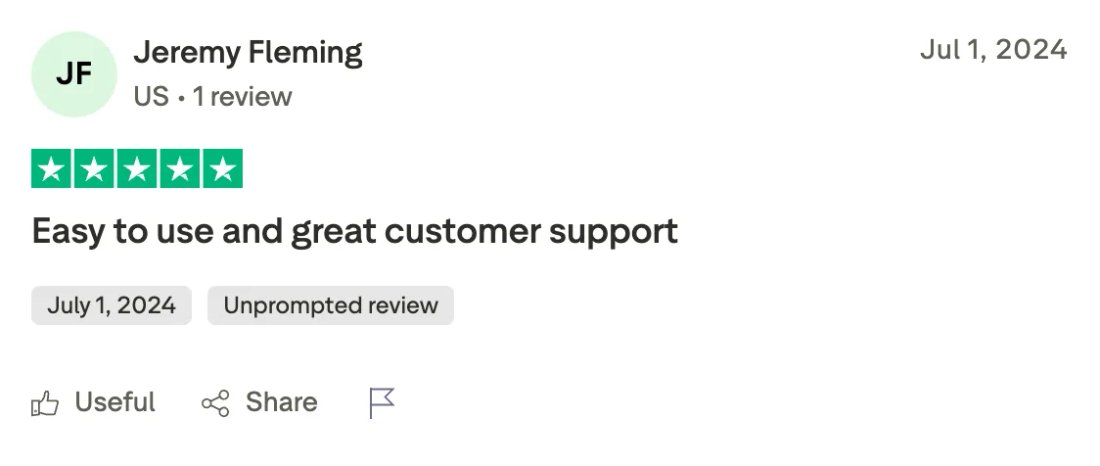 Trustpilot screenshot from Jeremy Fleming: Easy to use and great customer support