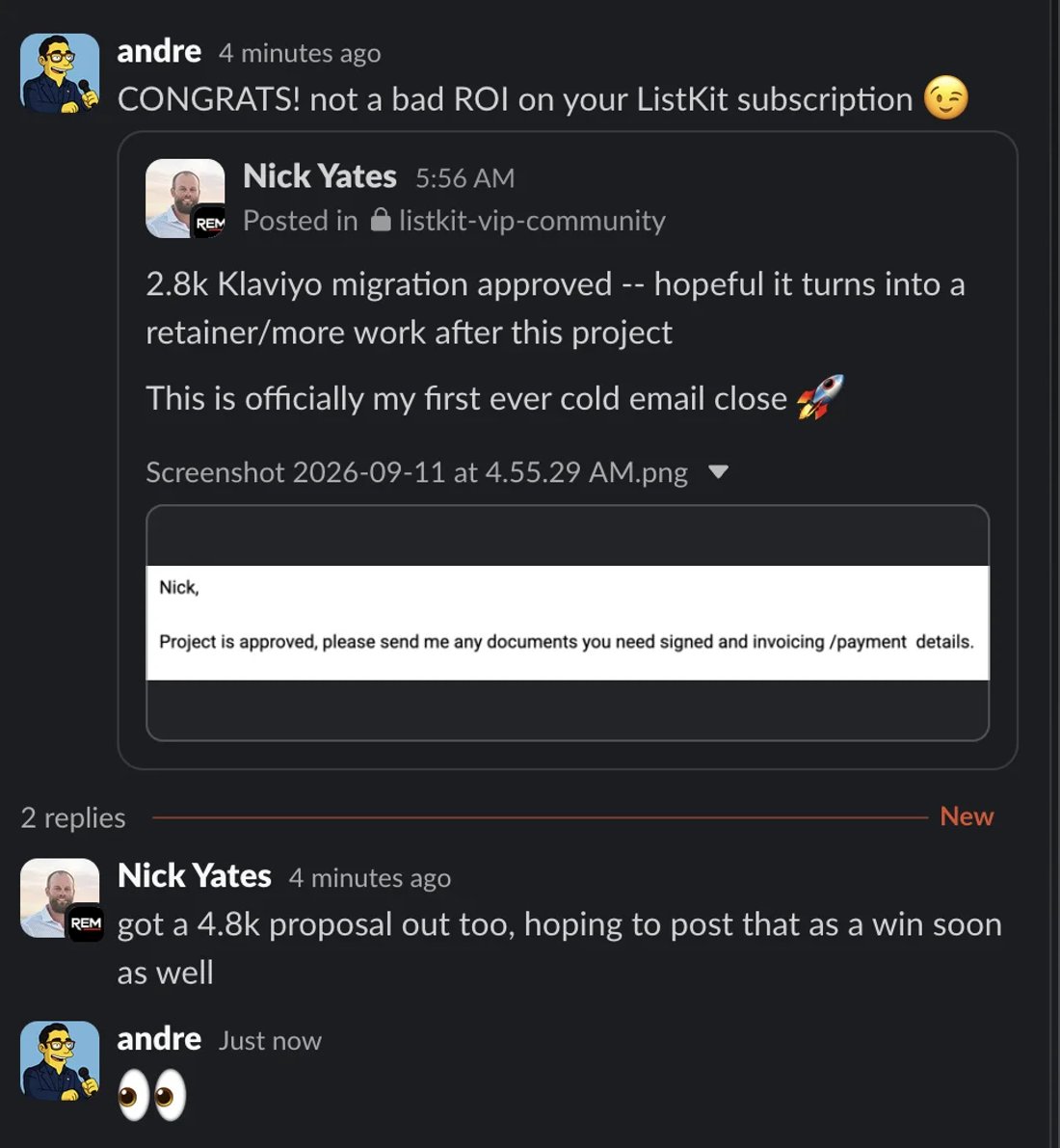 Slack screenshot from Nick Yates: $2.8k: first ever cold email close