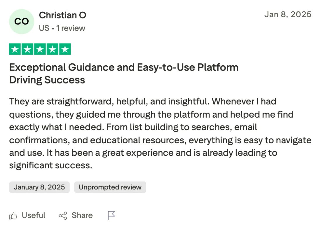 Trustpilot screenshot from Christian O: Exceptional Guidance and Easy-to-Use Platform Driving Success