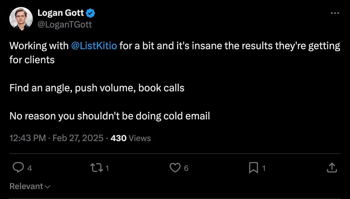 X screenshot from LoganTGott: Working with @ListKitio for a bit and it's insane the results they're getting for clients