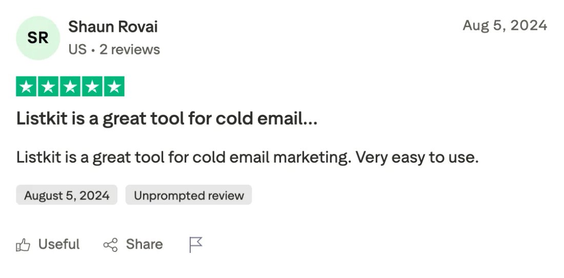 Trustpilot screenshot from Shaun Rovai: Listkit is a great tool for cold email…