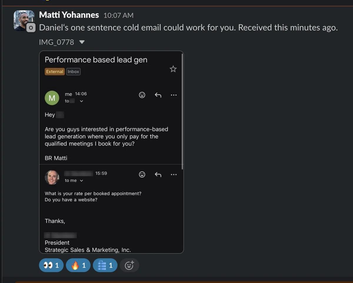 Slack screenshot from Matti Yohannes: prospect asked rate per booked appointment