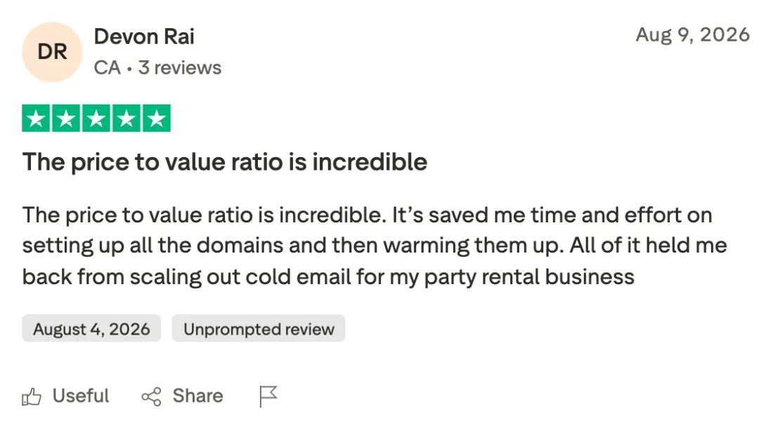 Trustpilot screenshot from Devon Rai: The price to value ratio is incredible