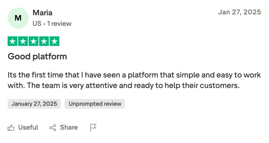 Trustpilot screenshot from Maria: Good platform