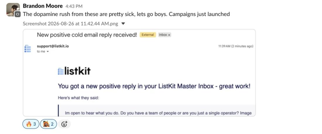 Slack screenshot from Brandon Moore: positive reply right after launch