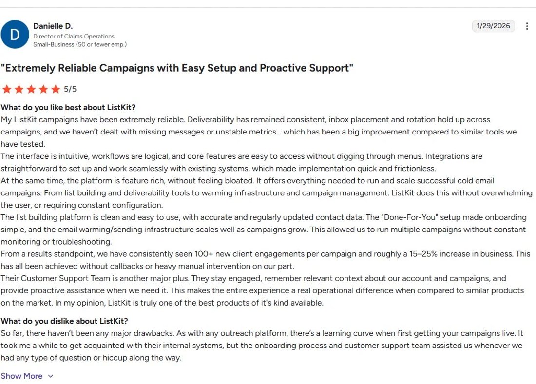Slack screenshot from Danielle D.: 100+ client engagements per campaign, +15-25% business