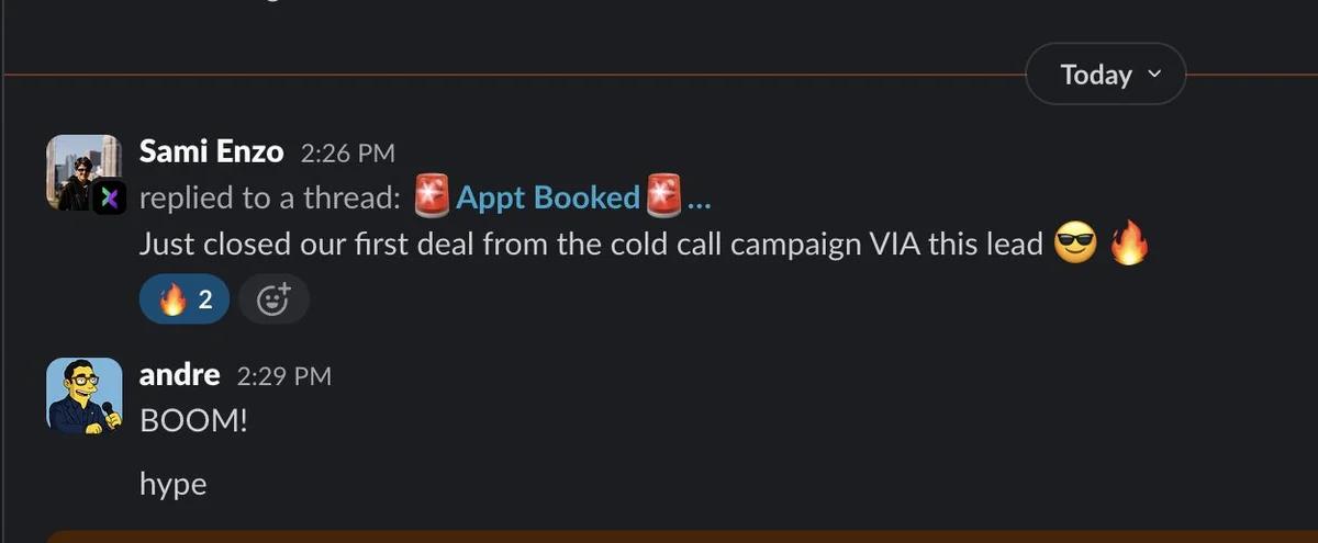 Slack screenshot from Sami Enzo: 1st deal from a ListKit lead (cold call campaign)