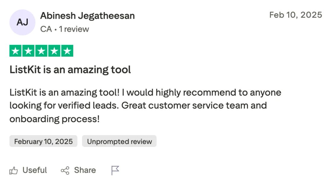 Trustpilot screenshot from Abinesh Jegatheesan: ListKit is an amazing tool