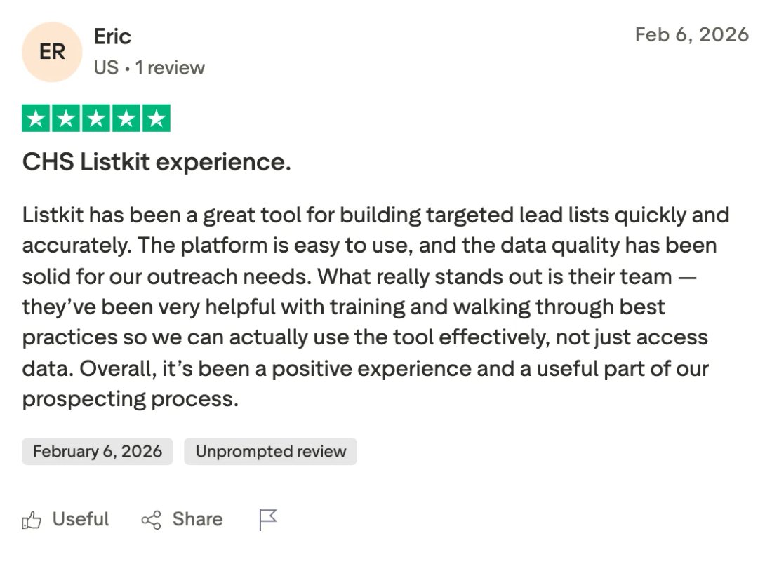 Trustpilot screenshot from Eric: CHS Listkit experience.