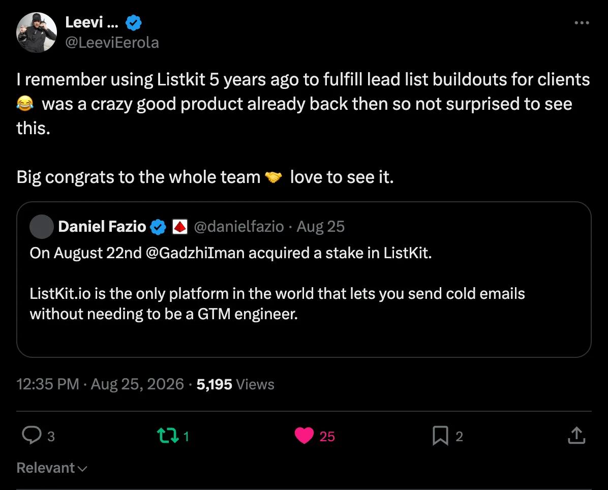 X screenshot from LeeviEerola: I remember using Listkit 5 years ago to fulfill lead list buildouts for clients... was a c