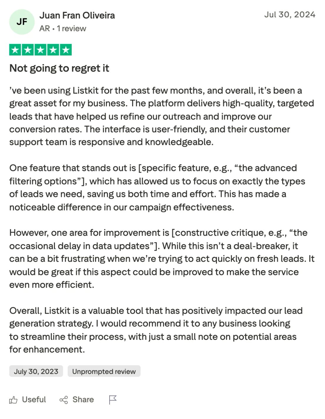Trustpilot screenshot from Juan Fran Oliveira: Not going to regret it