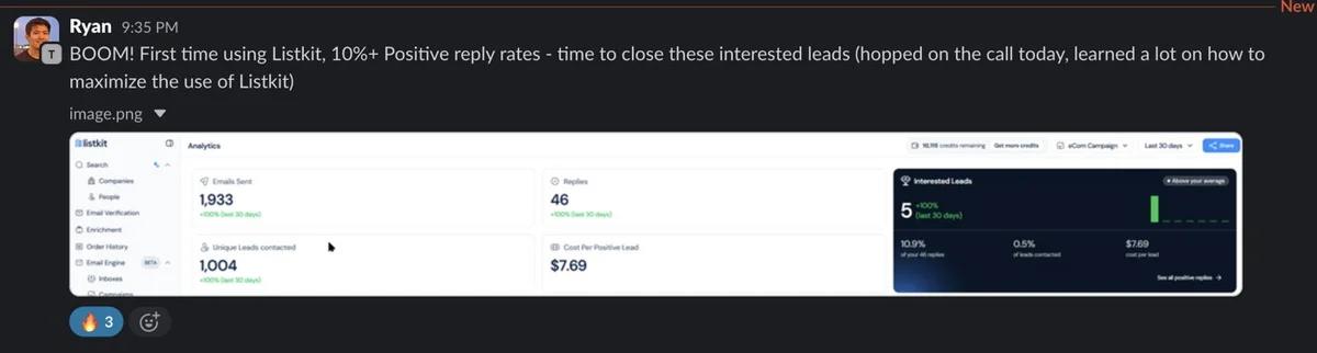 Slack screenshot from Ryan (T): 10%+ positive reply rate, 1st time