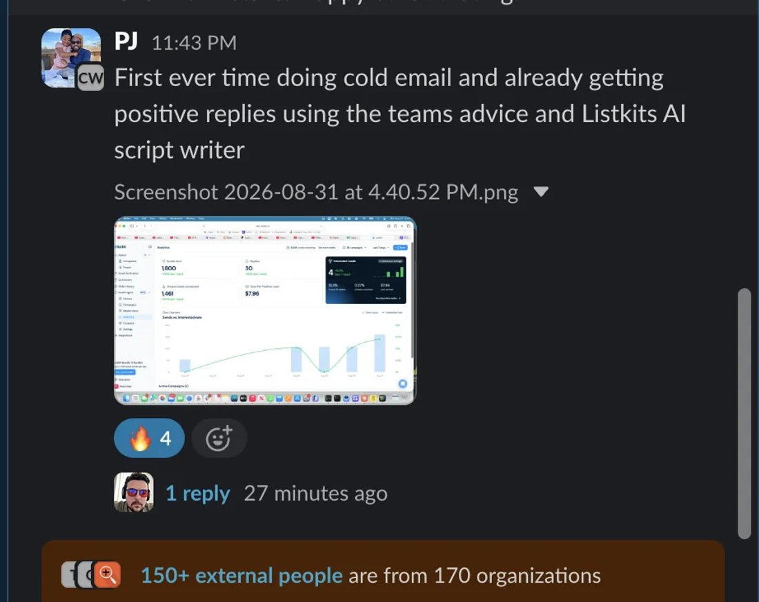 Slack screenshot from PJ: 4 interested / 1,600, 1st cold email ever