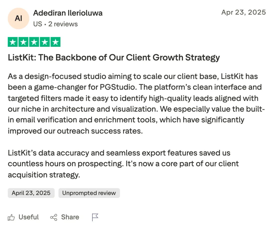 Trustpilot screenshot from Adediran Ilerioluwa: ListKit: The Backbone of Our Client Growth Strategy