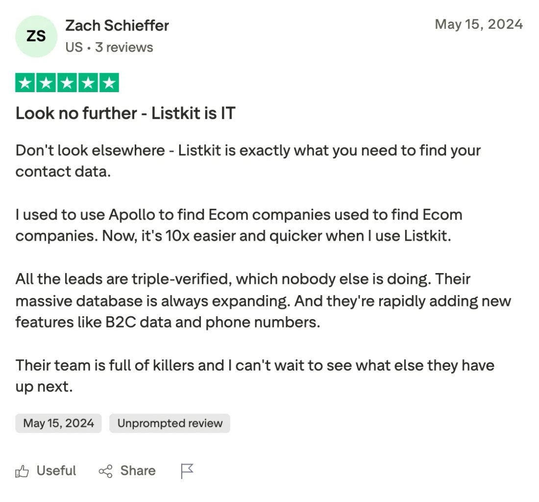 Trustpilot screenshot from Zach Schieffer: Look no further - Listkit is IT