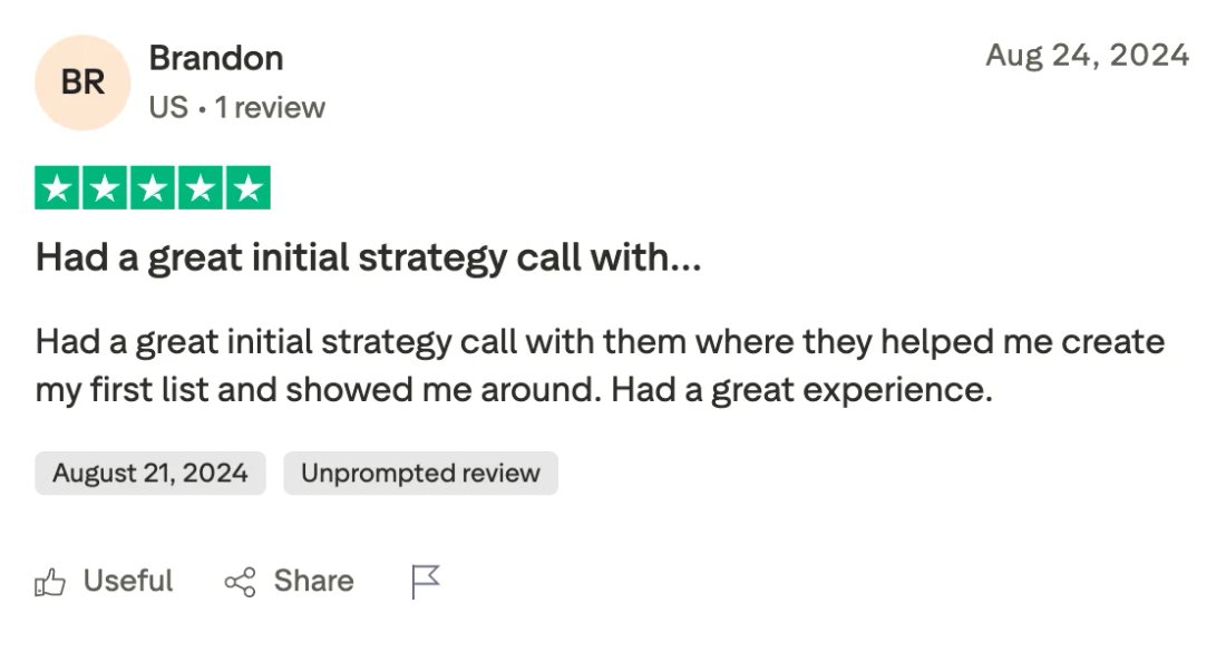 Trustpilot screenshot from Brandon: Had a great initial strategy call with…