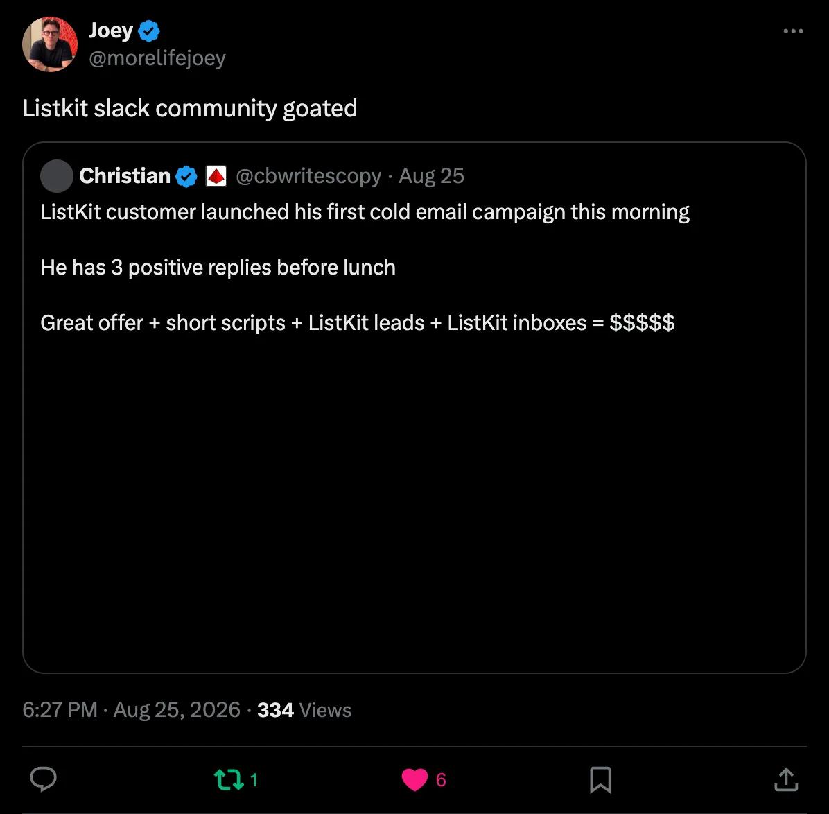 X screenshot from morelifejoey: Listkit slack community goated
