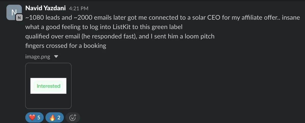 Slack screenshot from Navid Yazdani: solar CEO interested after ~2,000 emails
