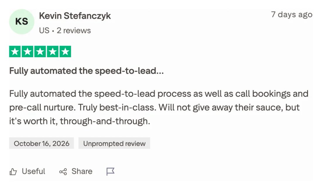 Trustpilot screenshot from Kevin Stefanczyk: 5-star Trustpilot review: fully automated speed-to-lead, call bookings and pre-call nurture