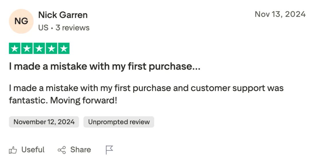 Trustpilot screenshot from Nick Garren: I made a mistake with my first purchase…