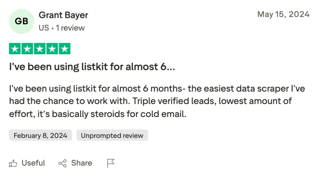 Trustpilot screenshot from Grant Bayer: I've been using listkit for almost 6…