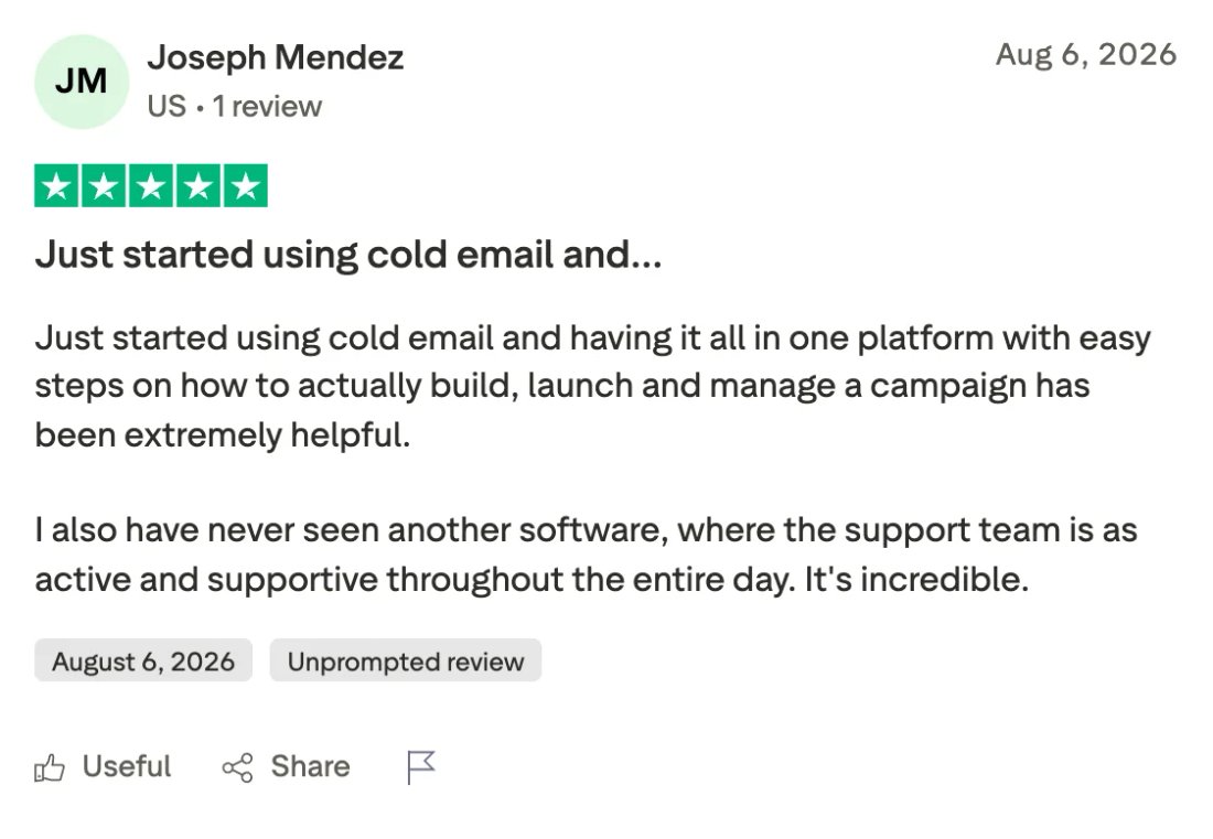 Trustpilot screenshot from Joseph Mendez: Just started using cold email and…