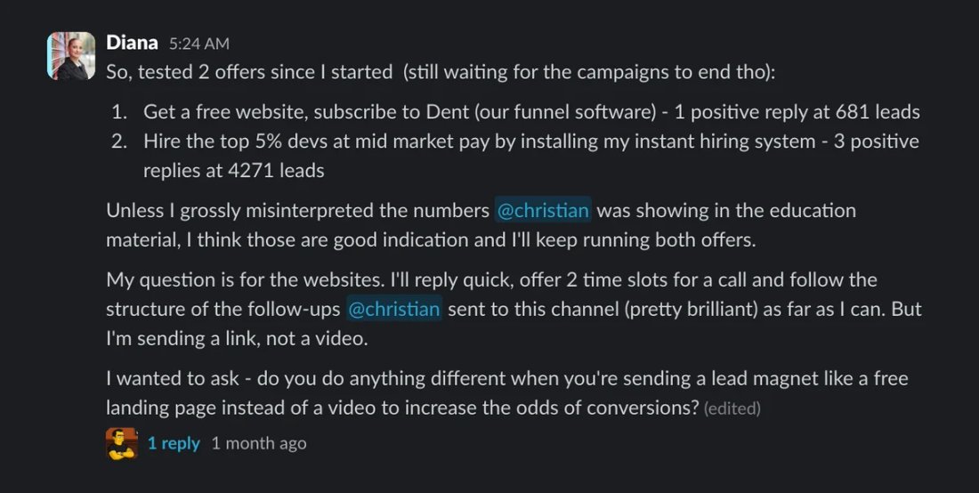 Slack screenshot from Diana: 1 / 681 (website offer), 3 / 4,271 (hiring offer)