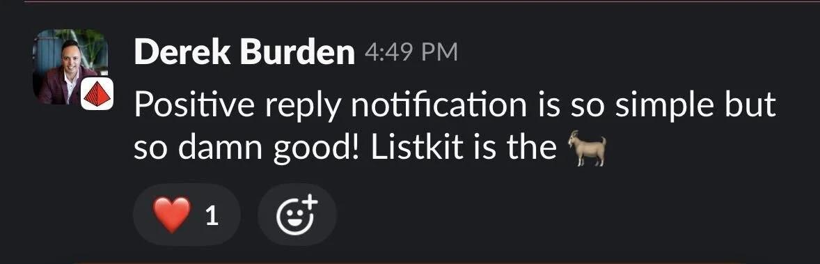 Slack screenshot from Derek Burden: positive-reply notifications
