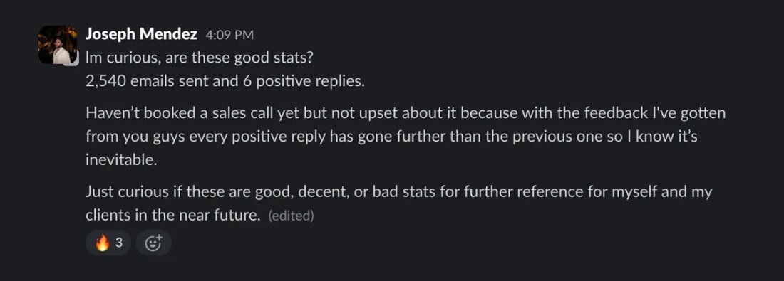 Slack screenshot from Joseph Mendez: 6 positive / 2,540 sent (~420:1)