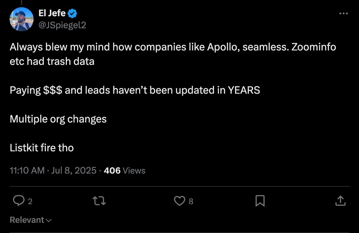 X screenshot from JSpiegel2: Apollo, seamless, Zoominfo etc had trash data... Listkit fire tho