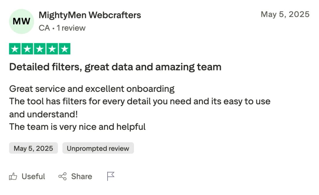 Trustpilot screenshot from MightyMen Webcrafters: Detailed filters, great data and amazing team