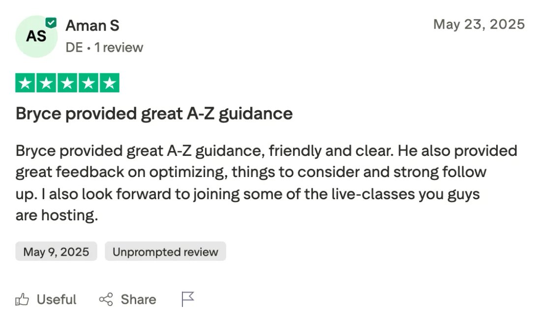 Trustpilot screenshot from Aman S: Bryce provided great A-Z guidance