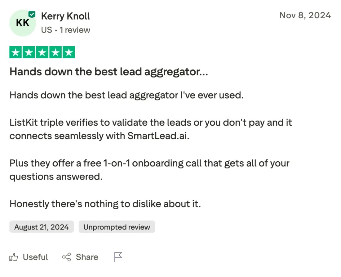 Trustpilot screenshot from Kerry Knoll: Hands down the best lead aggregator…