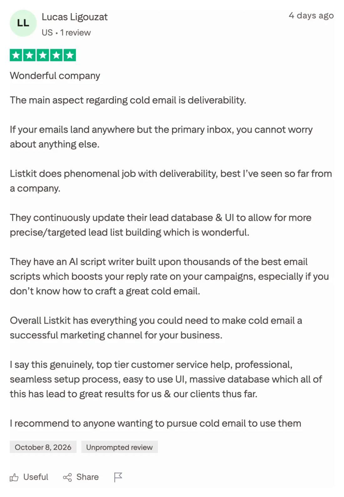 Trustpilot screenshot from Lucas Ligouzat: 5-star Trustpilot review: best deliverability he has seen