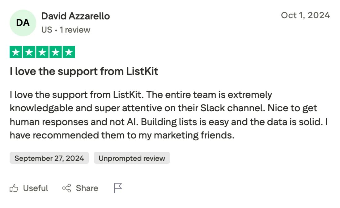 Trustpilot screenshot from David Azzarello: I love the support from ListKit