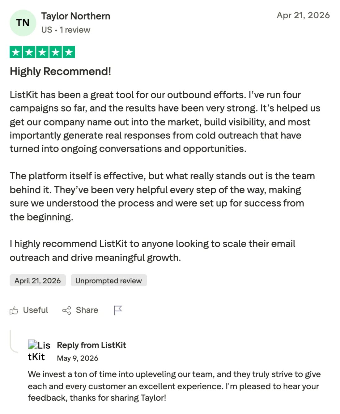 Trustpilot screenshot from Taylor Northern: Highly Recommend!