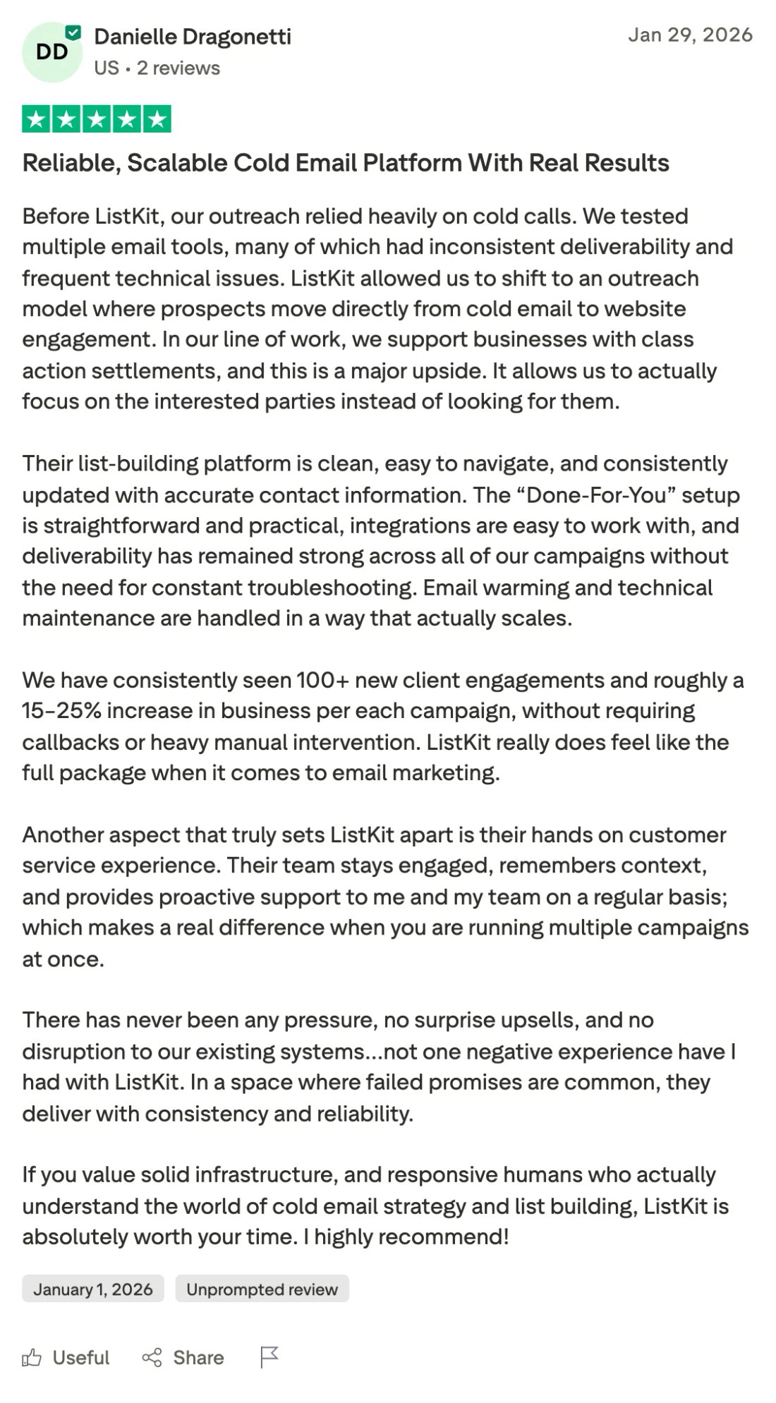 Trustpilot screenshot from Danielle Dragonetti: Reliable, Scalable Cold Email Platform With Real Results