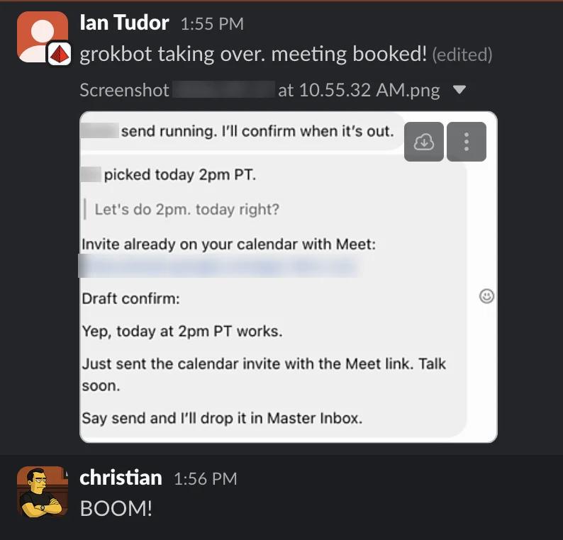 Slack screenshot from Ian Tudor: meeting booked via Grokbot