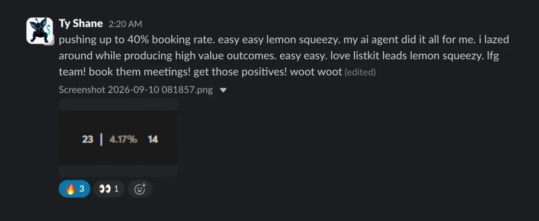 Slack screenshot from Ty Shane: 40% booking rate