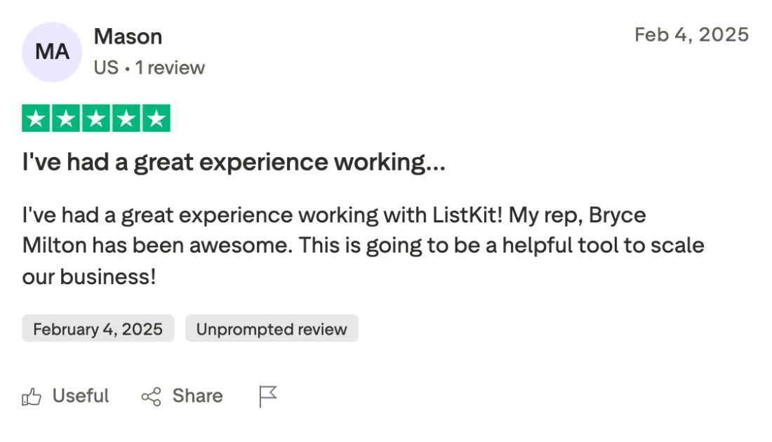 Trustpilot screenshot from Mason: I've had a great experience working…