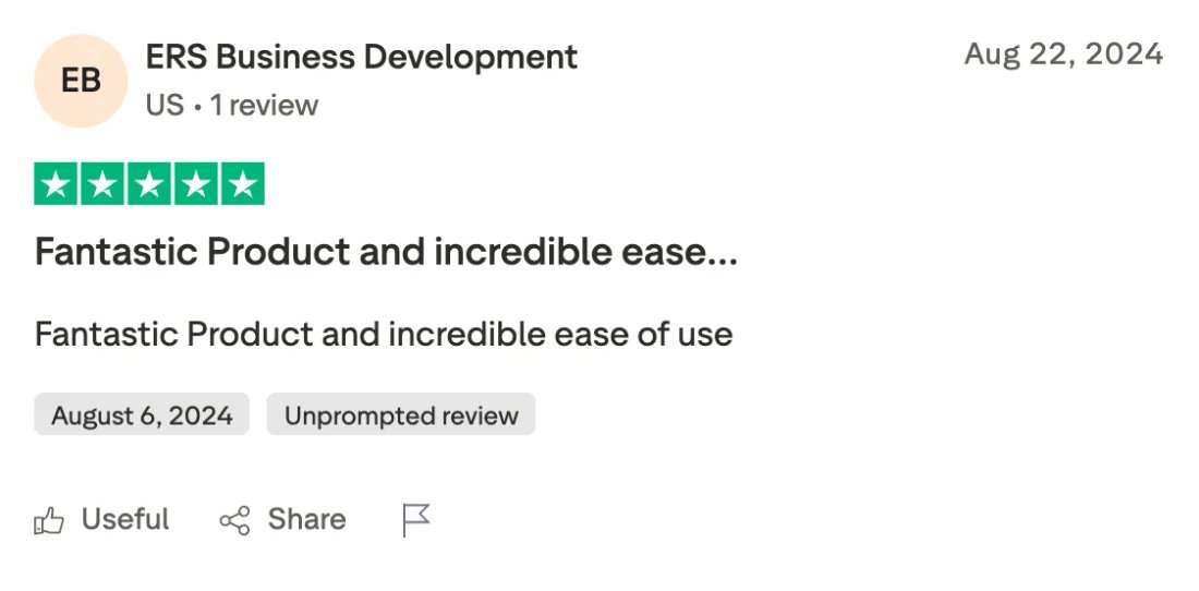 Trustpilot screenshot from ERS Business Development: Fantastic Product and incredible ease…
