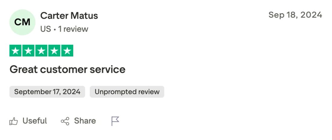 Trustpilot screenshot from Carter Matus: Great customer service