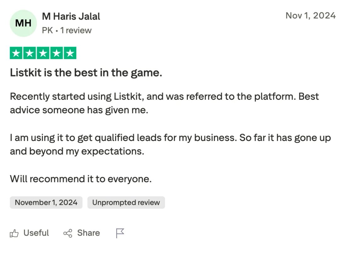 Trustpilot screenshot from M Haris Jalal: Listkit is the best in the game.
