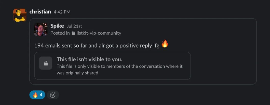 Slack screenshot from Colin Speikers: positive reply after 194 emails