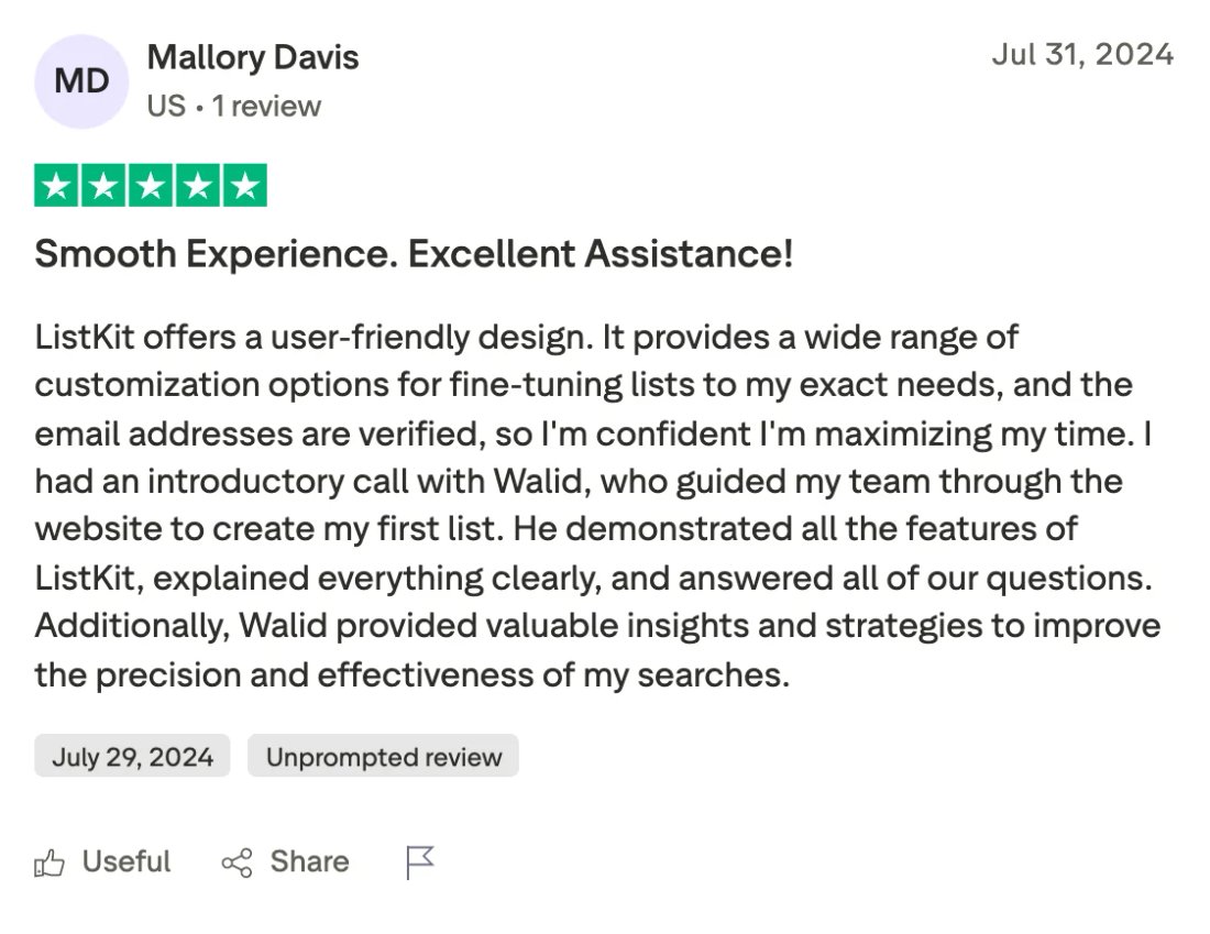 Trustpilot screenshot from Mallory Davis: Smooth Experience. Excellent Assistance!